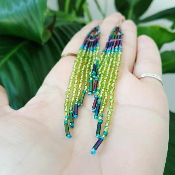 Boho Chic Seed Bead Fringe Dangle Earrings, Statement Artisan 5" - Picture 6 of 12